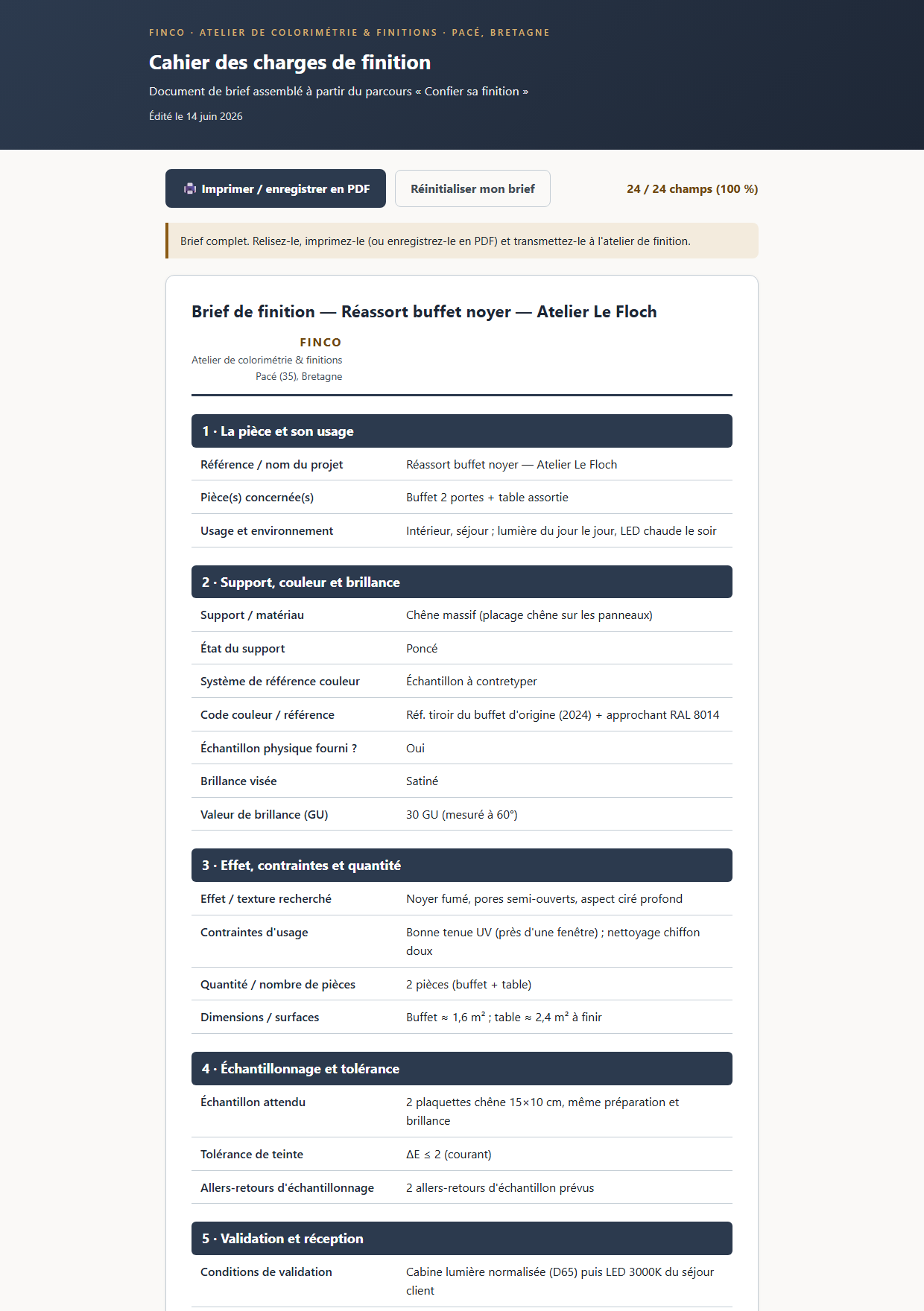 Cahier des charges de finition généré et rempli : pièce et usage, support, teinte, brillance, contraintes, échantillonnage, validation, réassorts.