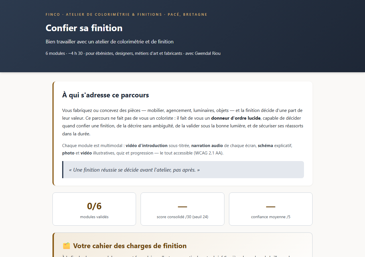 Page d'accueil du parcours : 6 modules en cartes, barre de progression et accès au cahier des charges.